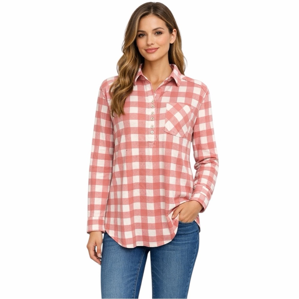 Country Door Coral Pink Collared Stretch Flannel Plaid Shirt Career Casual Tunic - Picture 3 of 11
